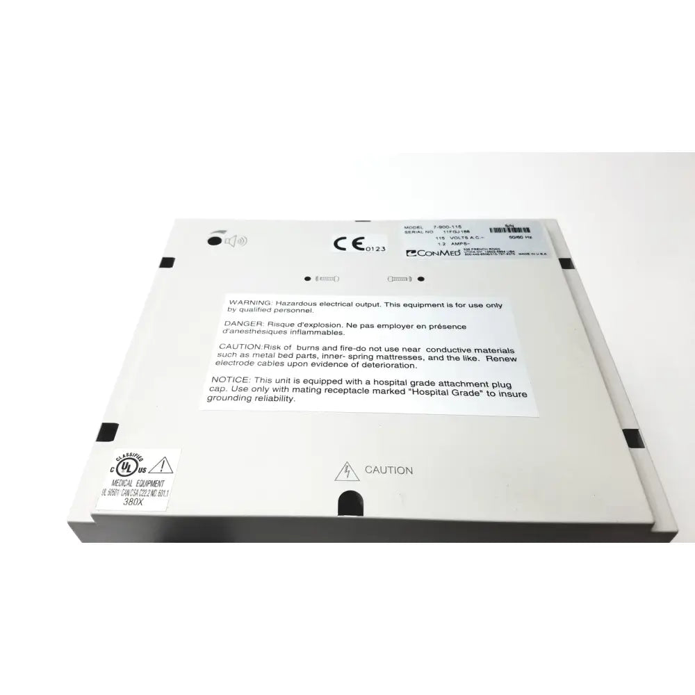 White rectangular conmed hyfrecator medical device box with black text model 7-805-116 for reuse medical electrosurgical system