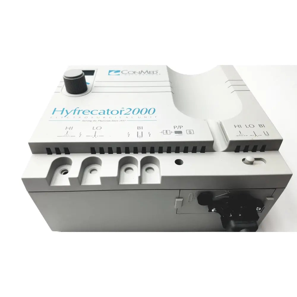 Gray conmed hyfrecator 2000 electrosurgical system with black knob and labeled control settings for reuse medical use