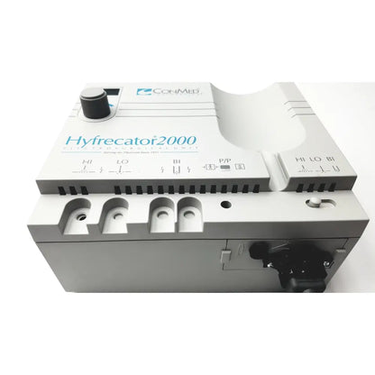 Gray conmed hyfrecator 2000 electrosurgical system with black knob and labeled control settings for reuse medical use