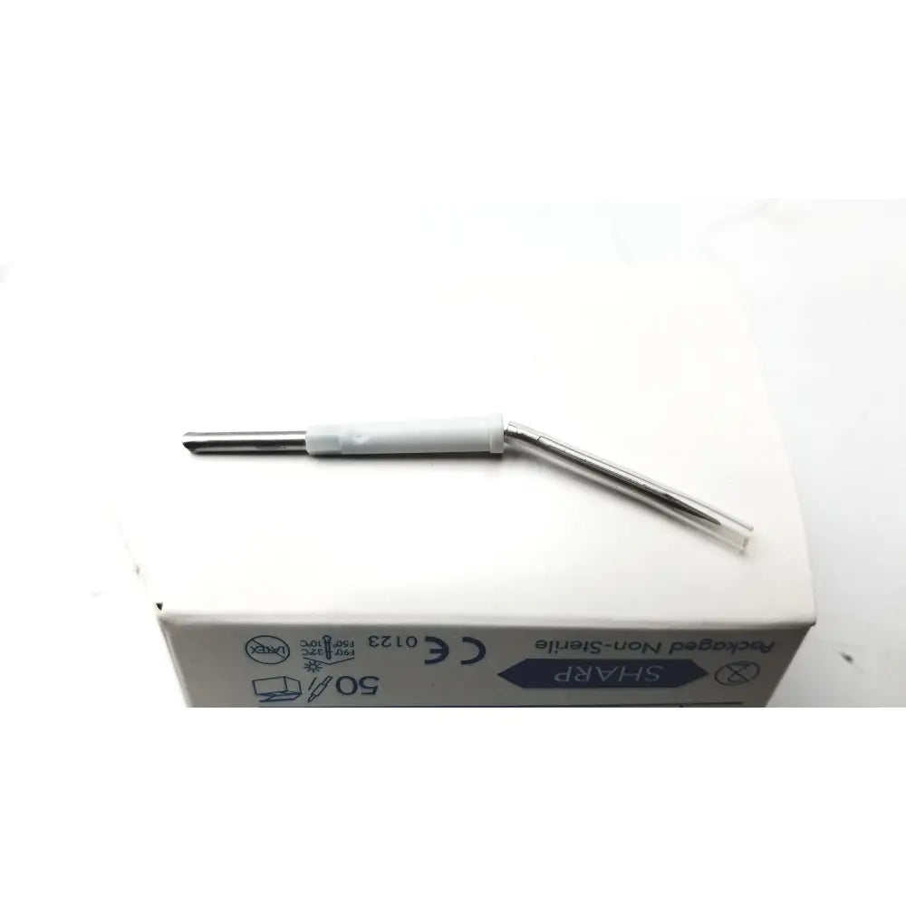 Silver conmed hyfrecator electrosurgical instrument with curved metallic shaft and white insulated handle for reuse medical use