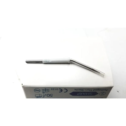 Silver conmed hyfrecator electrosurgical instrument with curved metallic shaft and white insulated handle for reuse medical use