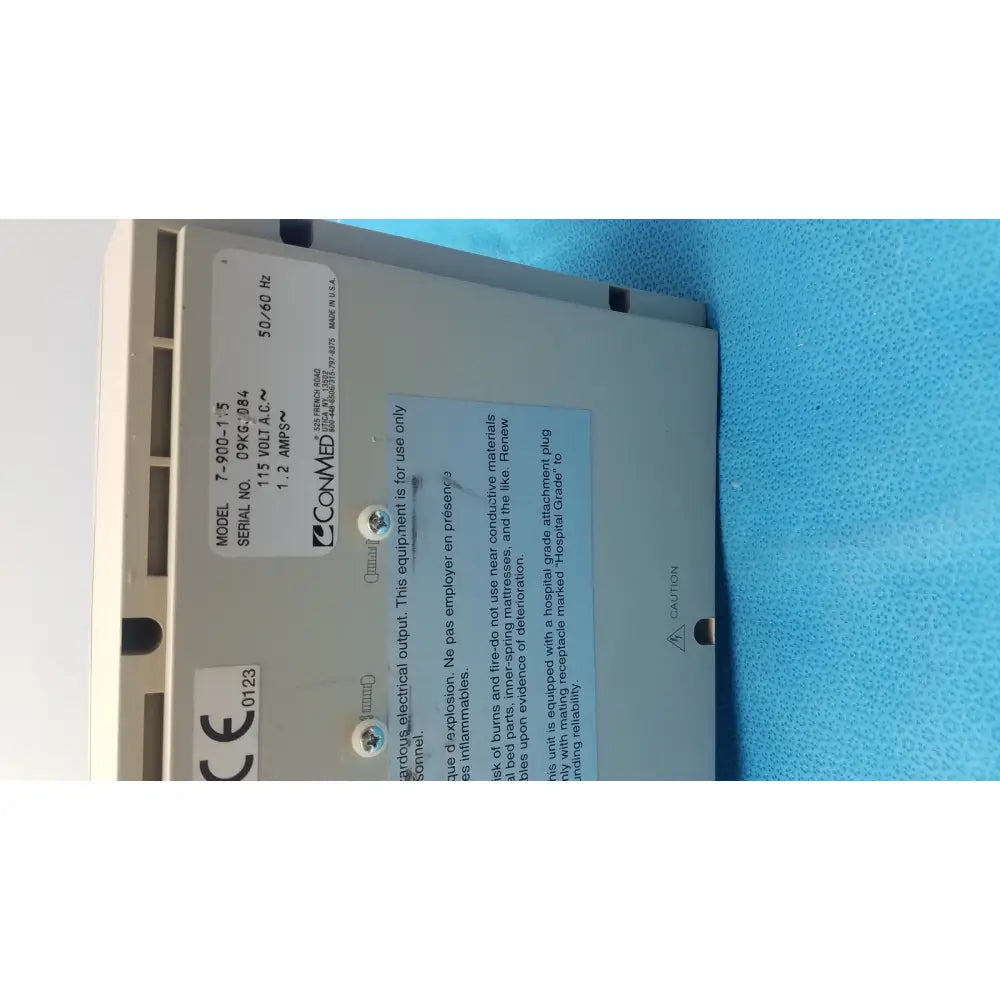 Gray metal conmed hyfrrecator 2000 model 7-900-115 electrical control panel with printed labels and safety warnings g-bbde3c1-90w reuse medical