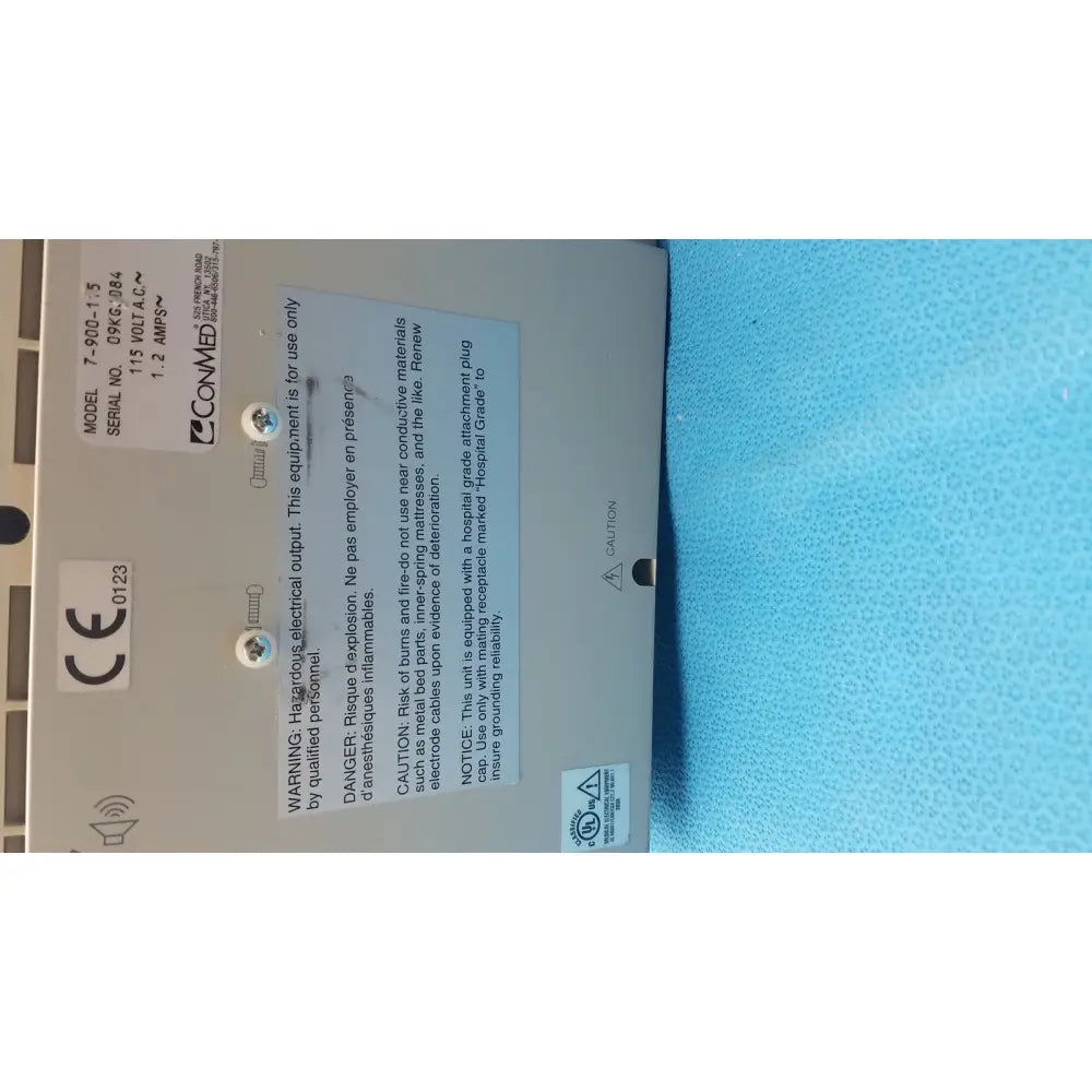 Gray conmed hyfrrecator 2000 model 7-900-115 with white labeling and safety warnings on reuse medical device g-bbde3c1-90w