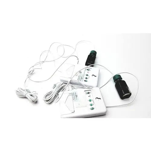 White control company traceable refrigerator freezer thermometer with green buttons and two black bottles with green caps attached wires