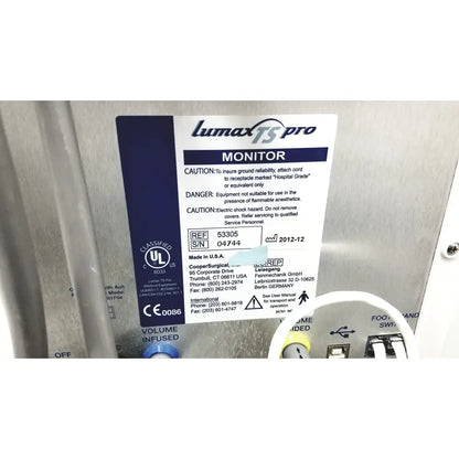Label of cooper surgical lumax ts pro fiberoptic cystometry system with model 53305 serial 04744 on blue background