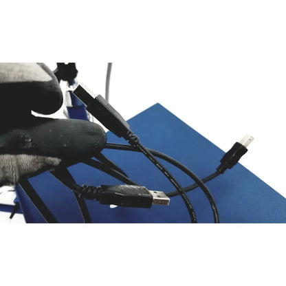 Black usb-a to usb-b cable with molded connectors and printed specifications for cooper surgical lumax ts pro fiberoptic cystometry system