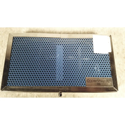 Cooper vision 390 unipak handpiece metal tray in blue perforated design with silver frame for Alcon phacoemulsifier case