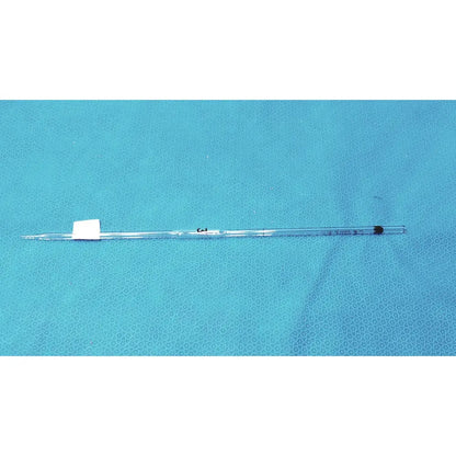 Clear glass corning pyrex 3ml reusable glass volumetric pipette with black rubber stopper and white label at the top