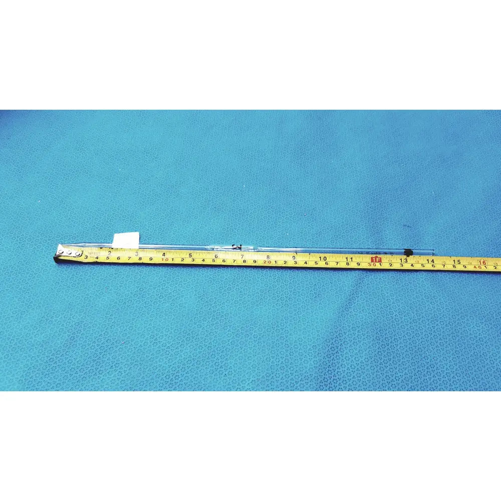 Corning pyrex 3ml reusable glass volumetric pipette with transparent tube, metallic cap, and black end piece on blue surface
