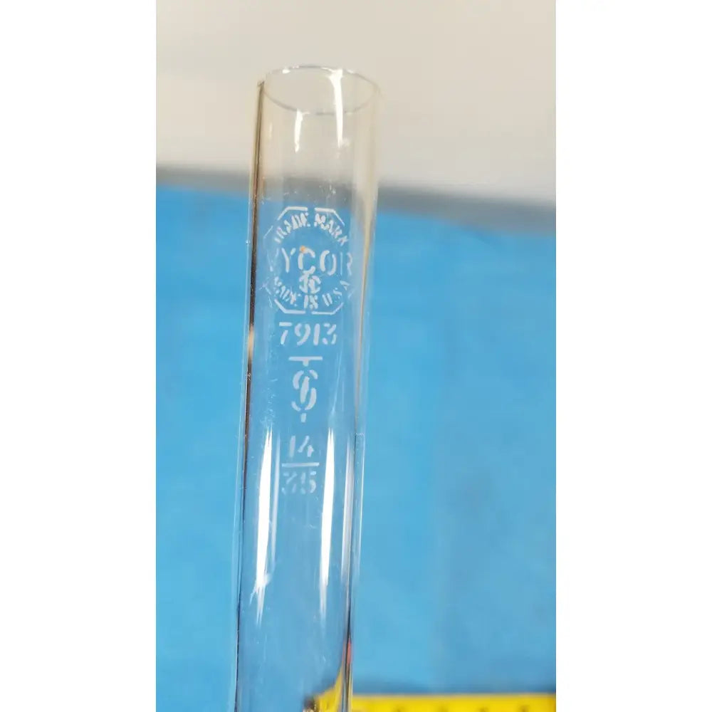 Clear glass laboratory glassware Corning Vycor 14/35 ground glass outer joint with etched markings and manufacturer logo