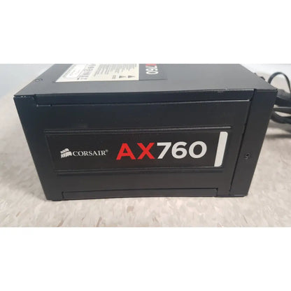 Black corsair ax760 760w fully modular power supply with red and white branding for efficient PC power management