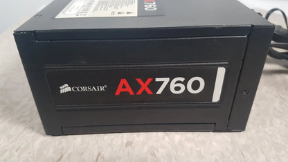 Black corsair ax760 760w fully modular power supply with red and white branding for efficient PC power management