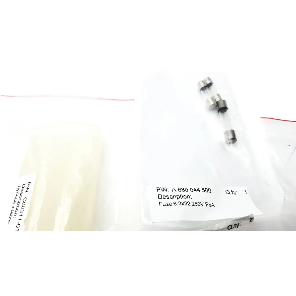 A clear plastic bag containing three silver cylindrical fuses fuse 6 x32 250v f5a for reuse medical cosmed k4 b2 metabolic