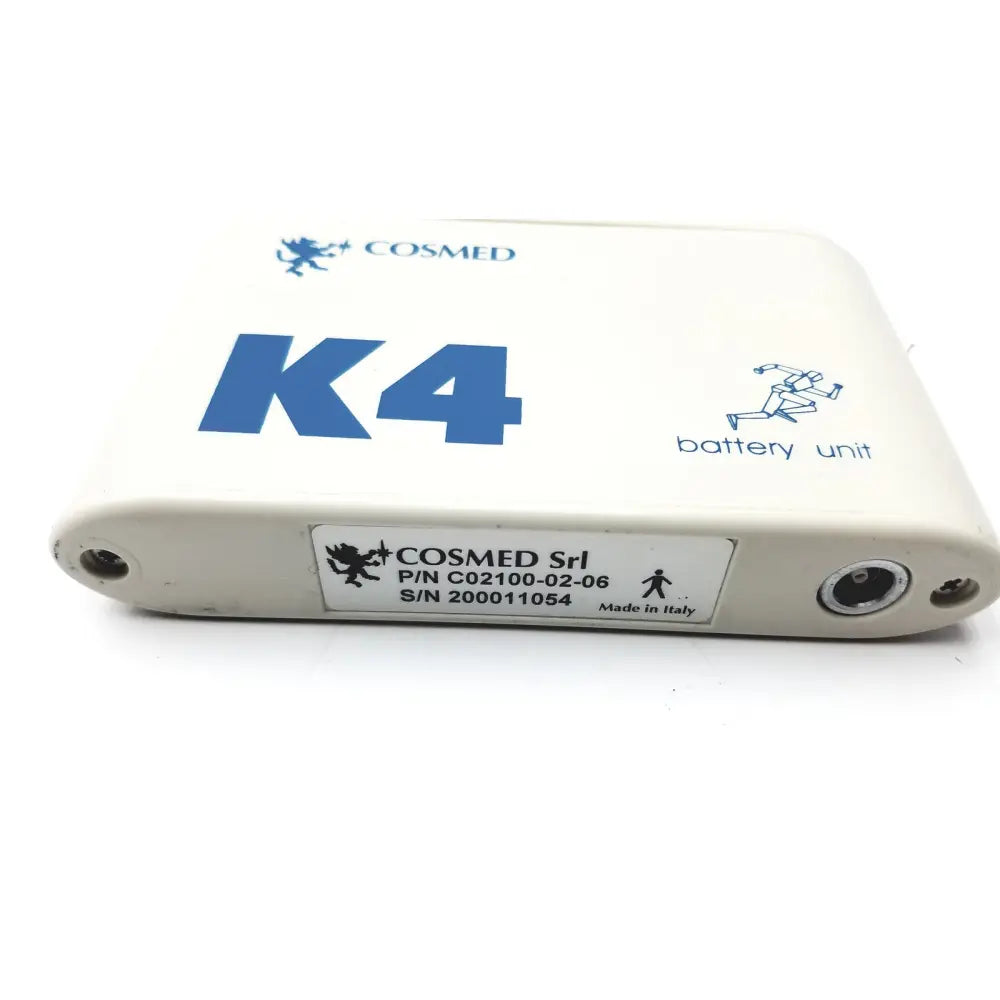 White cosmed k4 b2 metabolic medical battery unit with blue branding and running figure icon for reuse medical purposes