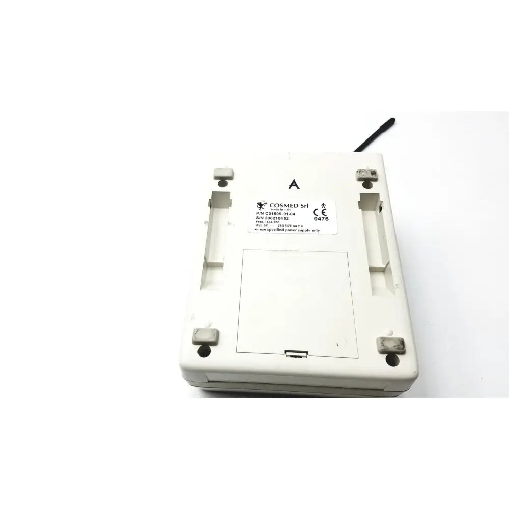 White plastic Cosmed K4 B2 metabolic medical device with black antenna and four mounting feet for reuse medical purposes