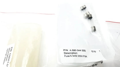 A clear plastic bag containing three silver cylindrical fuses fuse 6 x32 250v f5a for reuse medical cosmed k4 b2 metabolic