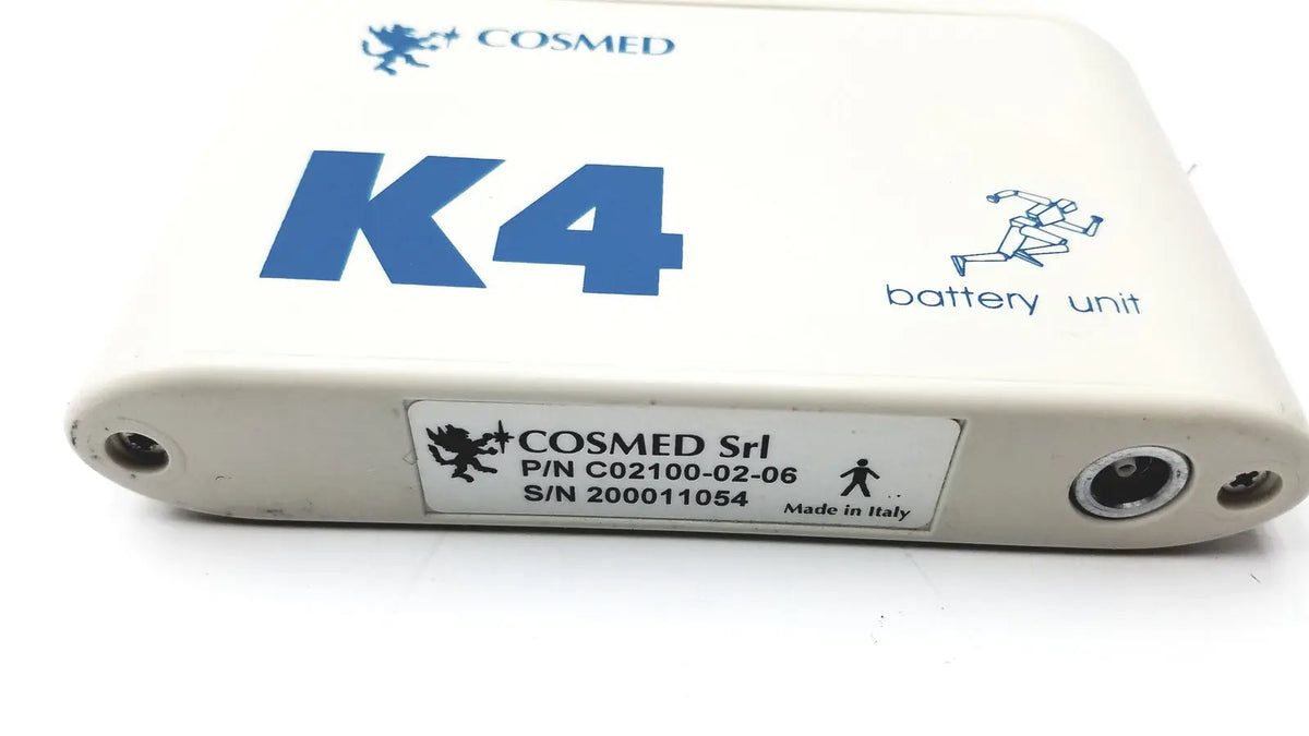 White cosmed k4 b2 metabolic medical battery unit with blue branding and running figure icon for reuse medical purposes