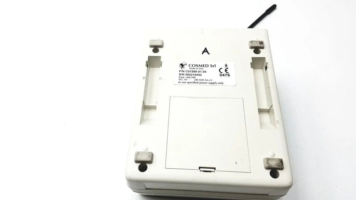 White plastic Cosmed K4 B2 metabolic medical device with black antenna and four mounting feet for reuse medical purposes