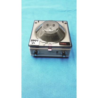Silver and black Costar mini centrifuge with clear dome lid and fixed angle 6-position rotor for lab use