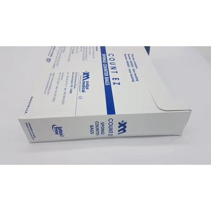 White cardboard box with blue branding for count ez sponge counter bags by xxide medical model 50500 for sponge counting