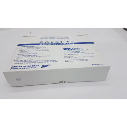 White cardboard box of count ez sponge counter bags by xodus medical containing 50 latex-free sponge counter bags