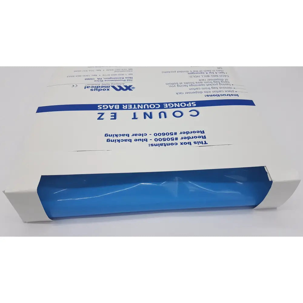 White cardboard box with blue labeling containing clear plastic roll of count ez sponge counter bags for accurate sponge counting