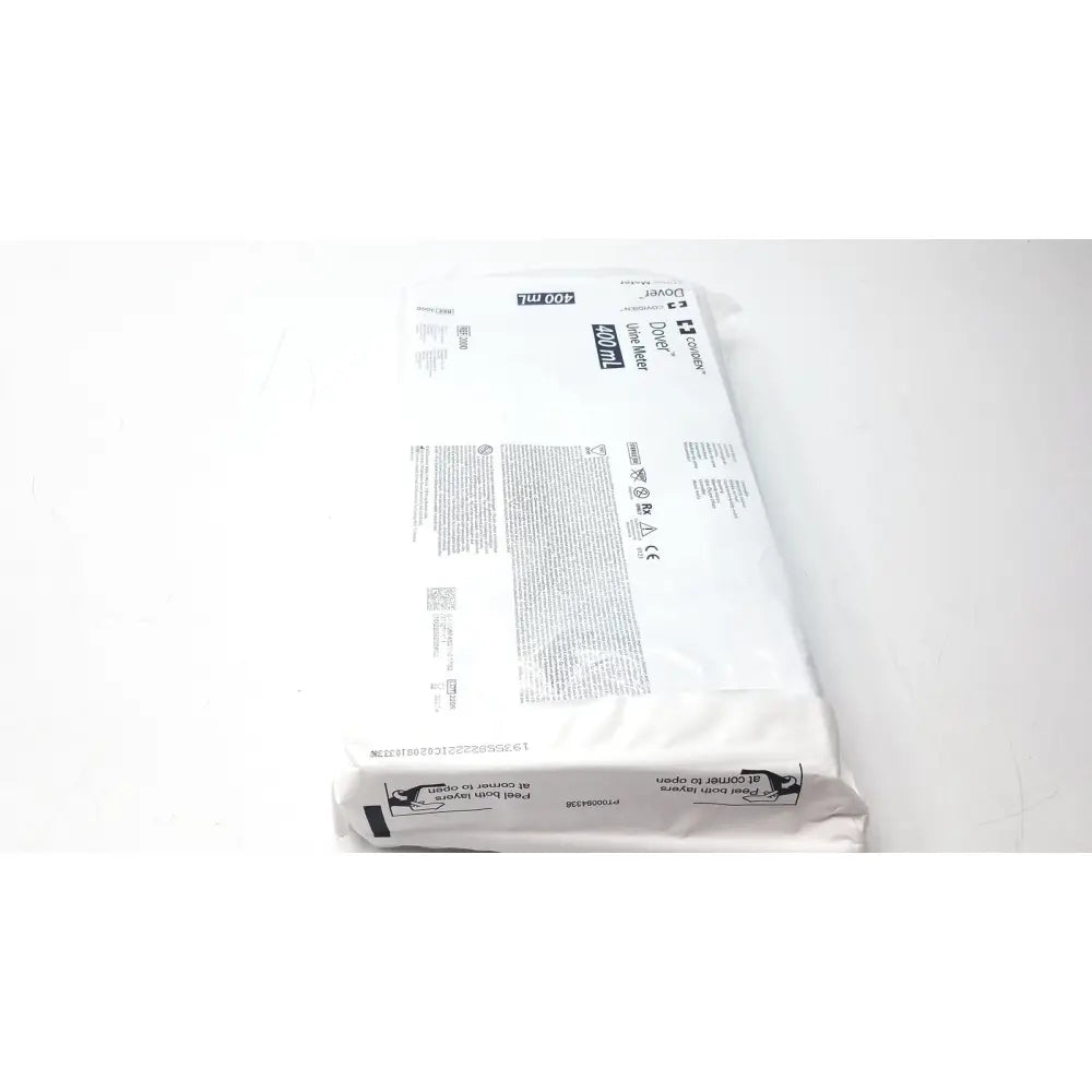 White plastic bag labeled cover 400 ml for covidien 2000 dover urine meter 400ml with printed text and symbols