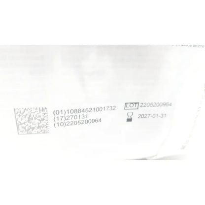 White label with black text and qr code showing lot number 2205200964 and expiration january 31 2027 on covidien dover urine meter 400ml