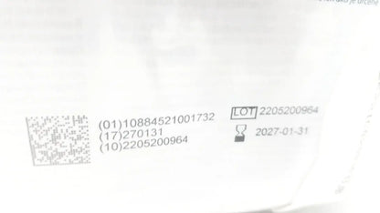 White label with black text and qr code showing lot number 2205200964 and expiration january 31 2027 on covidien dover urine meter 400ml