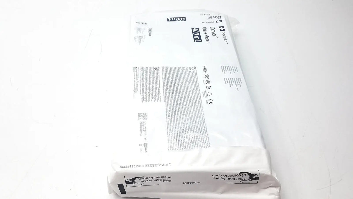 White plastic bag labeled cover 400 ml for covidien 2000 dover urine meter 400ml with printed text and symbols