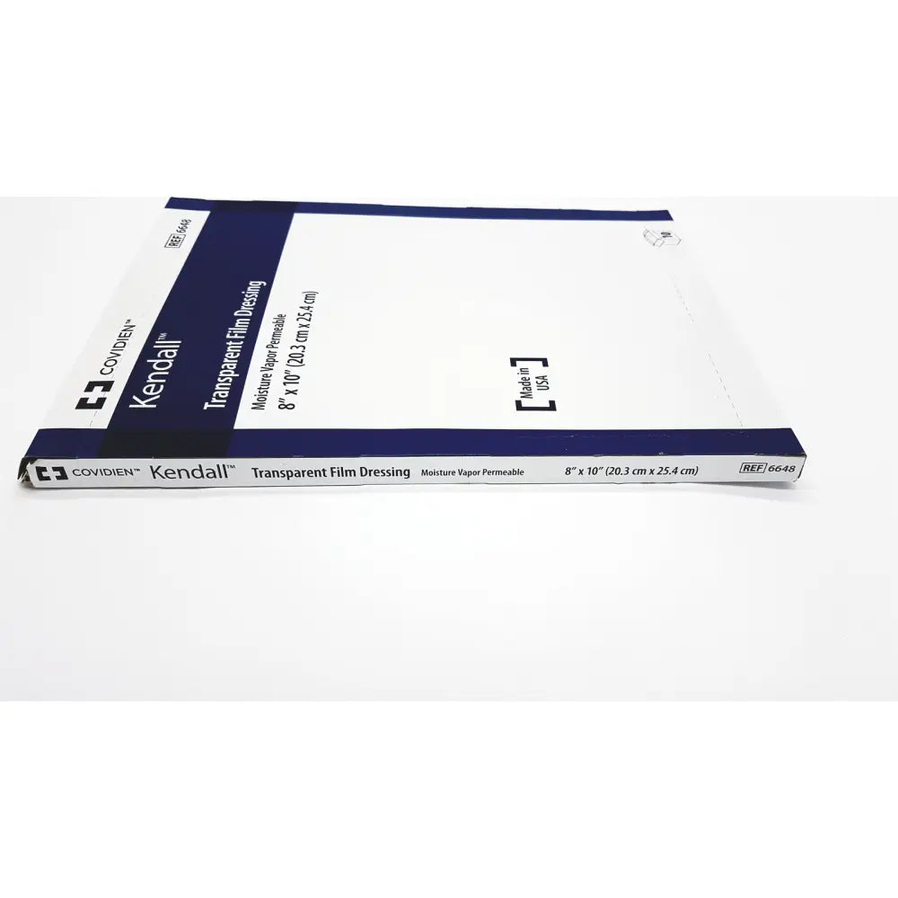 Covidien 6648kendall transparent film dressing in white and navy blue packaging with moisture vapor permeable design