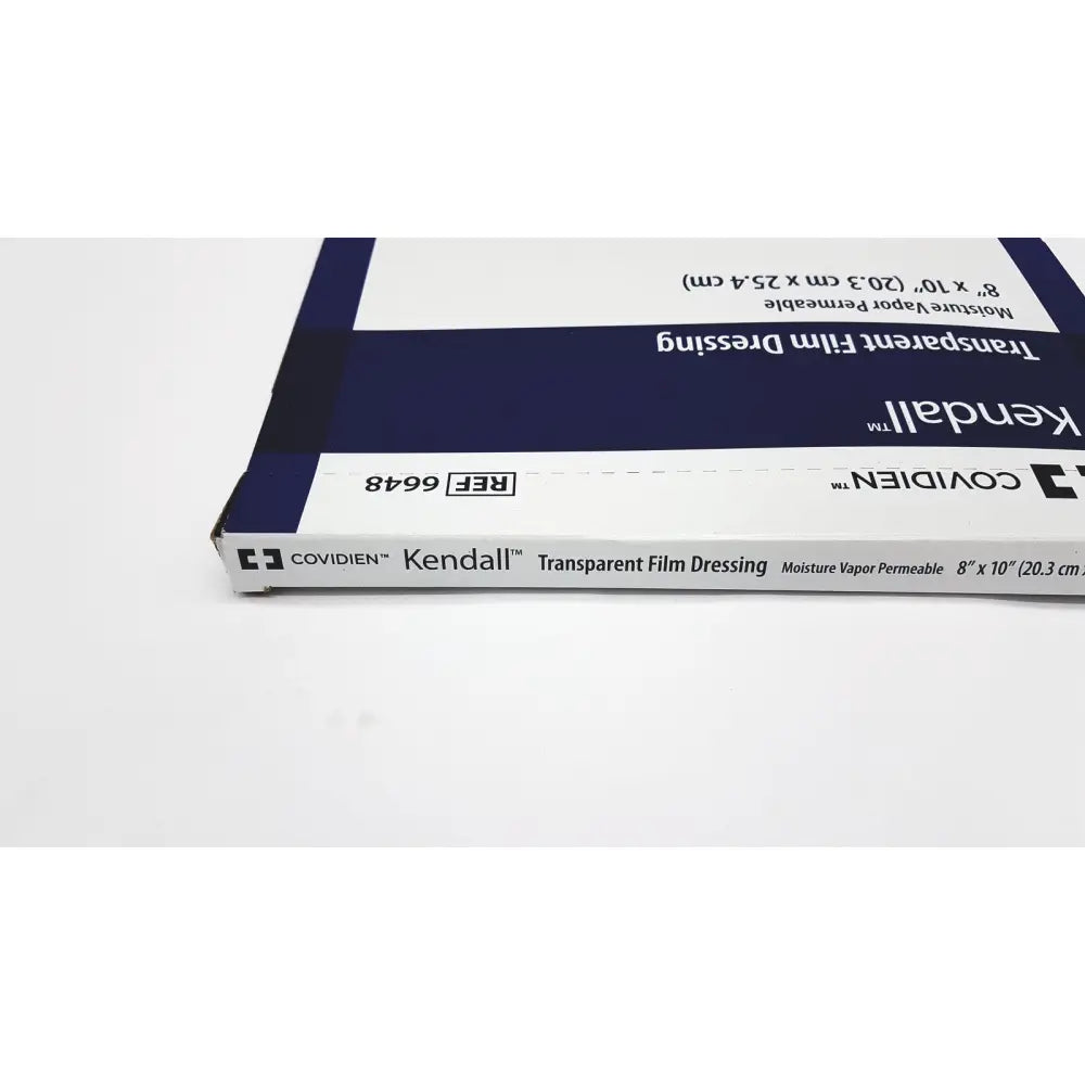 Covidien 6648kendall transparent film dressing in white and navy blue box measuring 8 x 10 inches expiration 2025