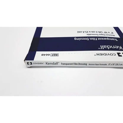 Covidien 6648kendall transparent film dressing in white and navy blue box measuring 8 x 10 inches expiration 2025