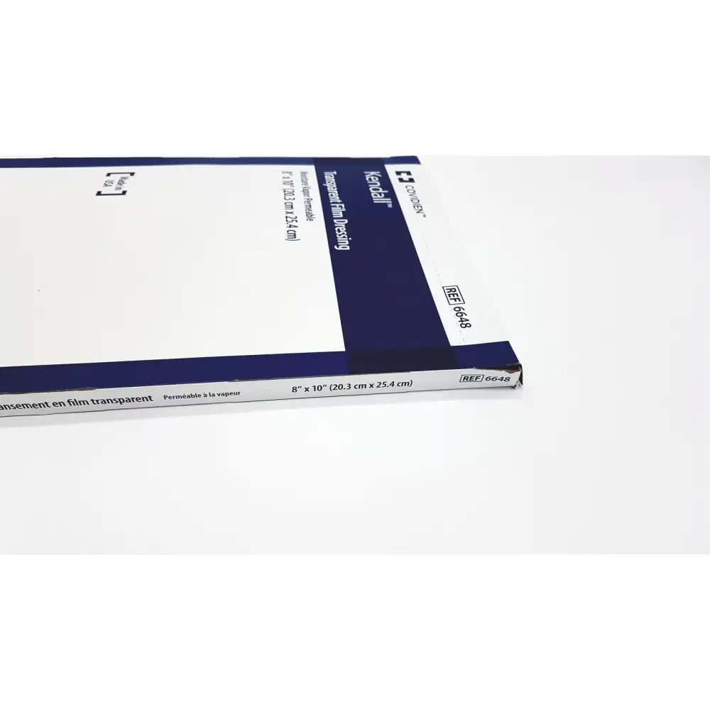 Covidien 6648kendall transparent film dressing in white and navy blue package measuring 8 by 10 inches expiration 2025