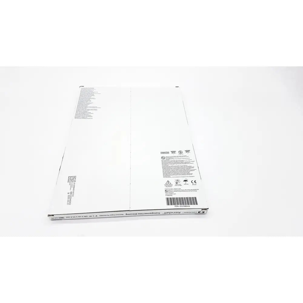 Back side of covidien 6648kendall transparent film dressing box 8x10 inches with printed text and barcode exp 2025