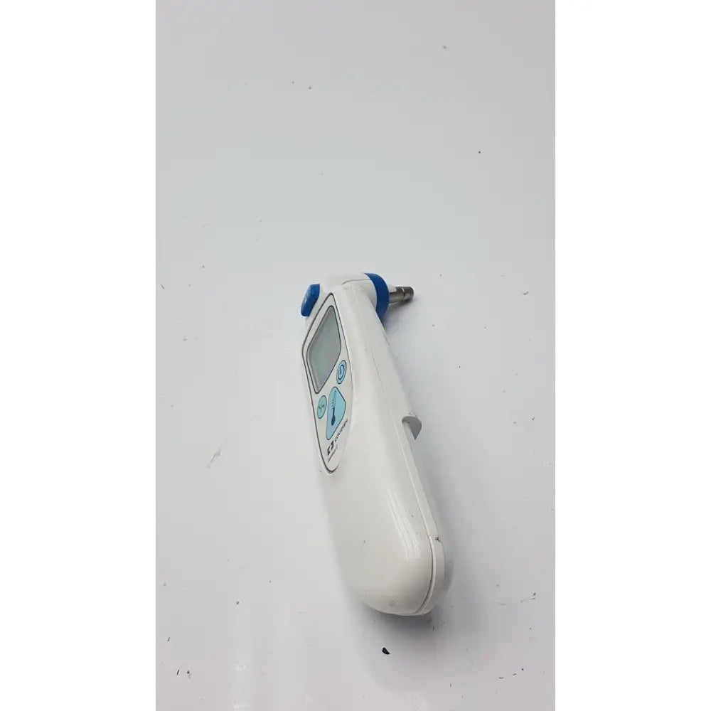 White and blue covidien genius tympanic thermometer ear with sleek plastic body and small digital screen for temperature monitoring