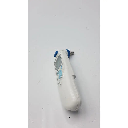 White and blue covidien genius tympanic thermometer ear with sleek plastic body and small digital screen for temperature monitoring
