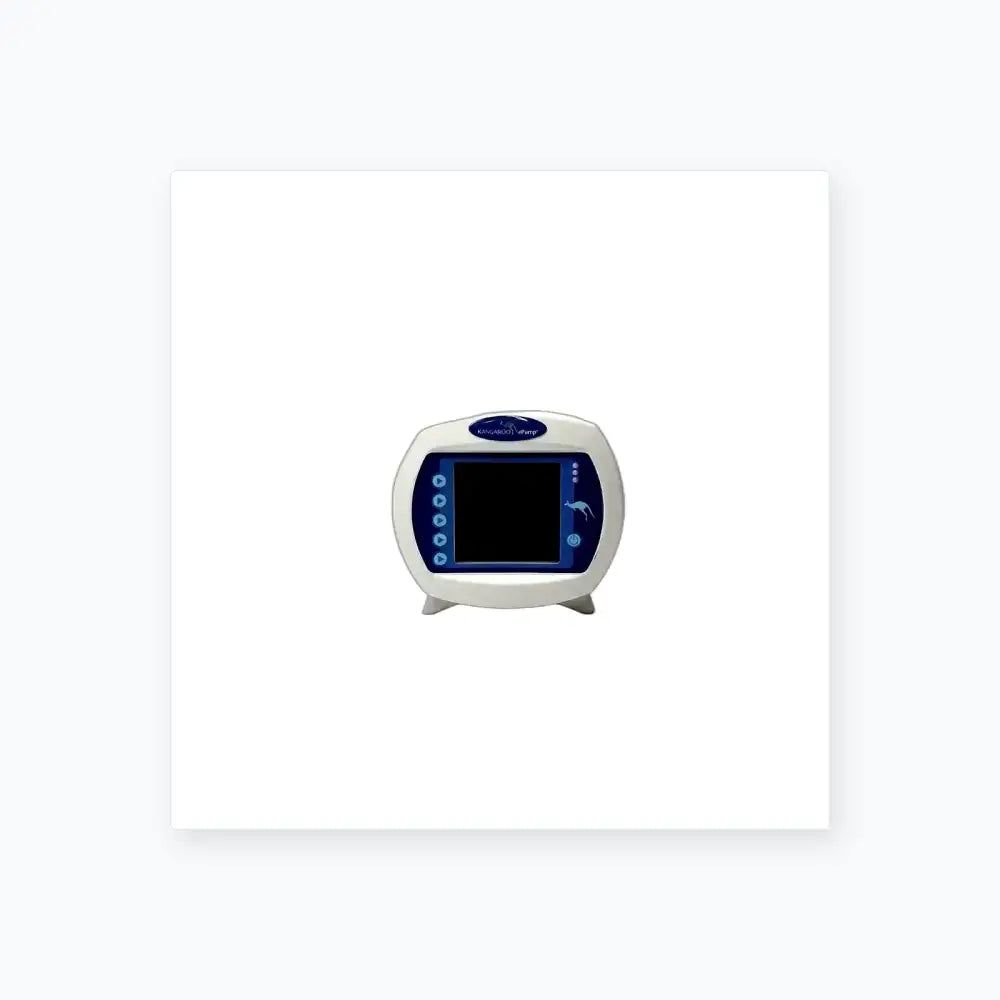 Covidien kangaroo epump enteral feeding pump device in white and blue with rounded screen and control buttons on left side