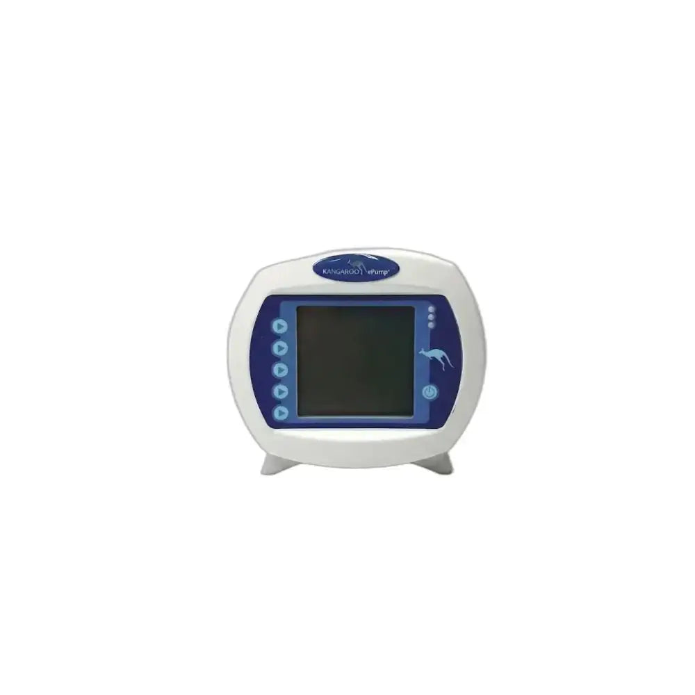 Covidien kangaroo epump enteral feeding pump device in white and blue with rounded screen and control buttons on left side