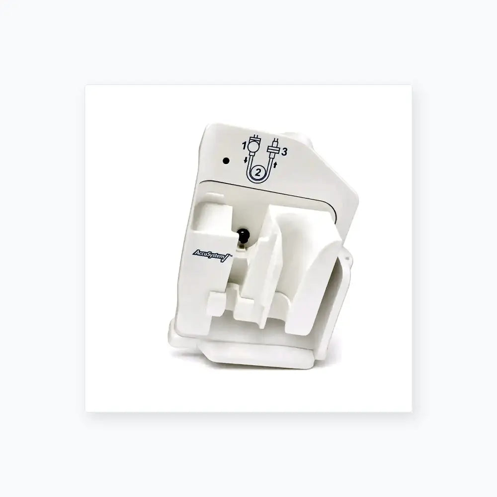 White plastic accusystem device with molded compartments and plug connection diagram for covidien kangaroo epump enteral feeding pump