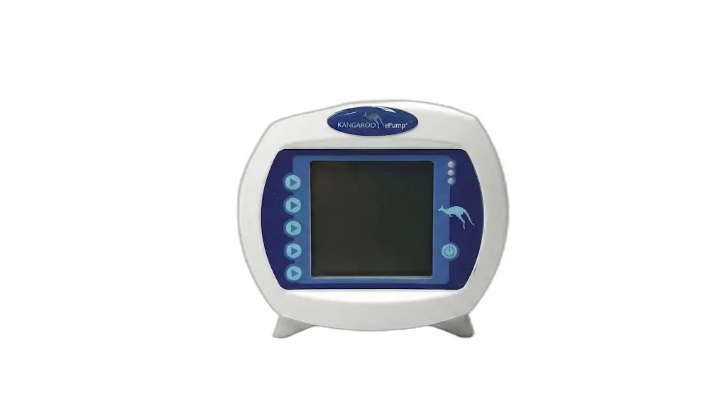 Covidien kangaroo epump enteral feeding pump device in white and blue with rounded screen and control buttons on left side