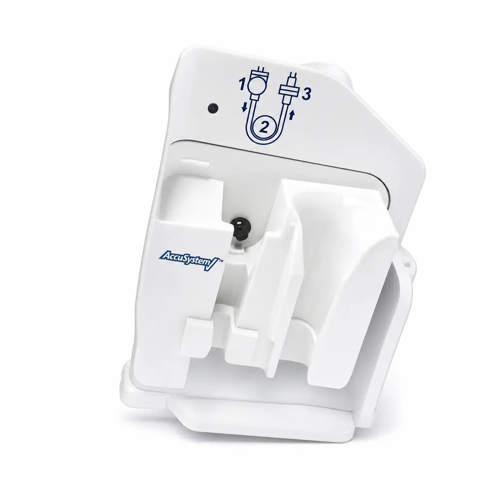 White plastic accusystem device with molded compartments and plug connection diagram for covidien kangaroo epump enteral feeding pump