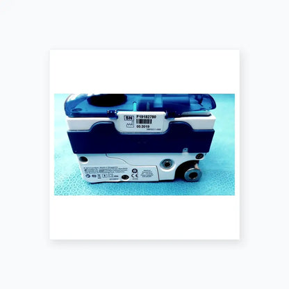 Blue and white covidien kangaroo joey enteral feed and flush pump with transparent blue top cover and pole clamp