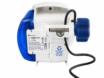 Covidien Kangaroo Joey nutrition feeding pump with white and blue casing, metallic screw, and black power cord