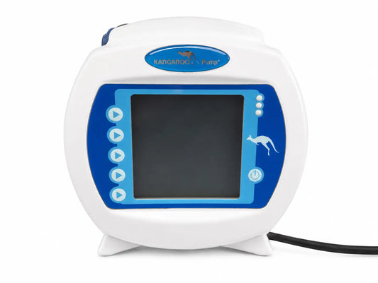 White and blue covidien kangaroo joey nutrition feeding pump with digital screen directional buttons and kangaroo logo