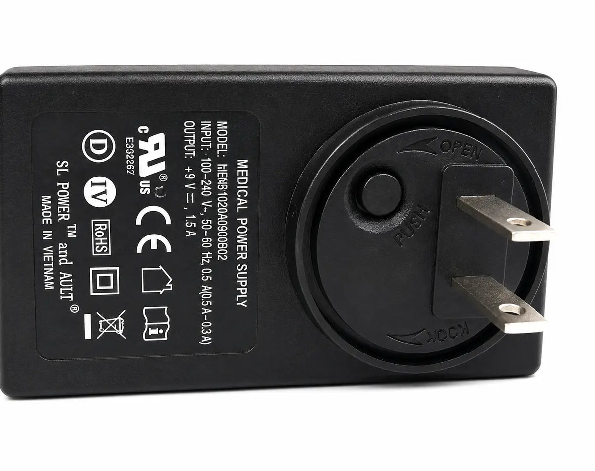 Black rectangular medical power supply adapter with two-prong plug for covidien kangaroo joey nutrition feeding pump