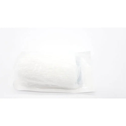 A white crinkled plastic-wrapped package containing a sterile covidien kerlix fluffy gauze bandage roll 6-ply 4.5 by 4.1 yds
