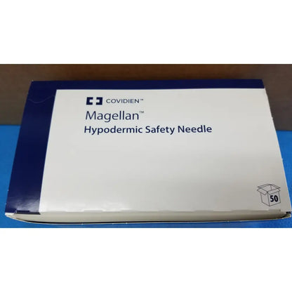 Covidien magellan hypodermic safety needle in a white and blue cardboard box with black text packaging