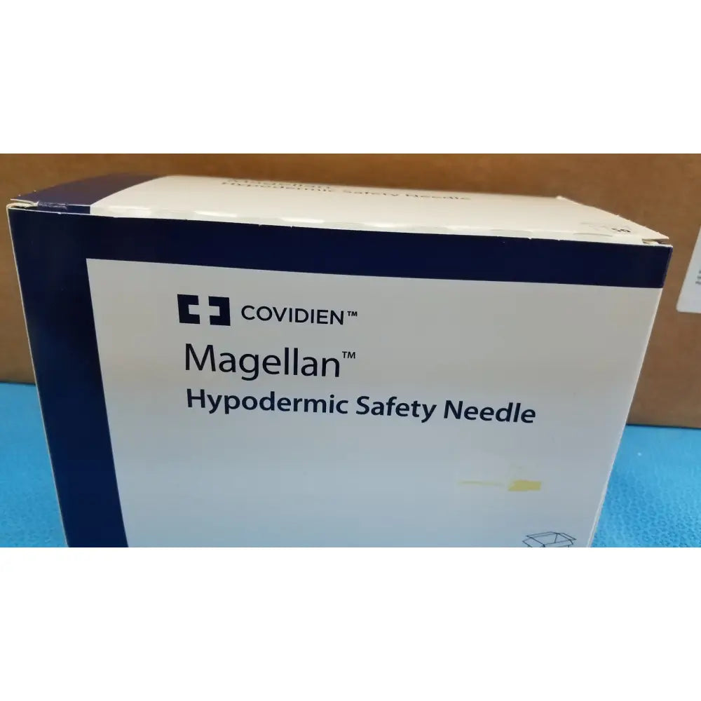 Covidien magellan hypodermic safety needle in white and blue box designed for safe injection use