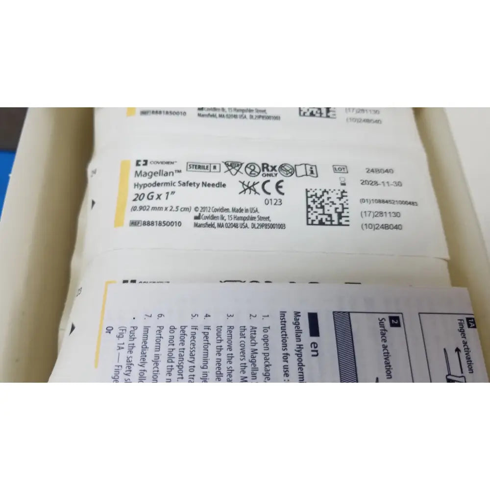 Covidien magellan hypodermic safety needle 20g x 1 inch sterile medical device with white and yellow packaging